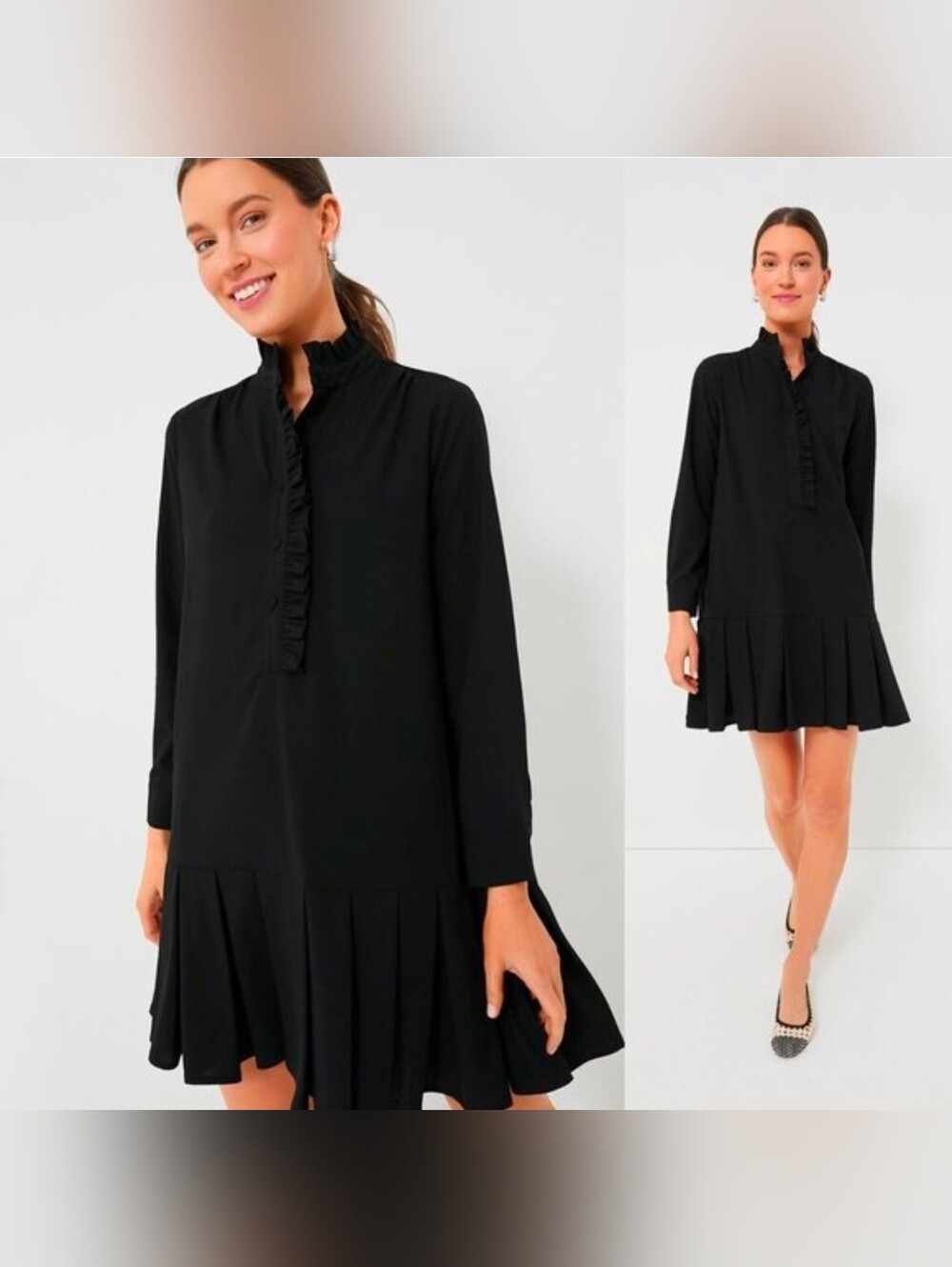 Tuckernuck Crepe Tate Dress Size Small Ruffle Neck Long Sleeve Pleated Mini